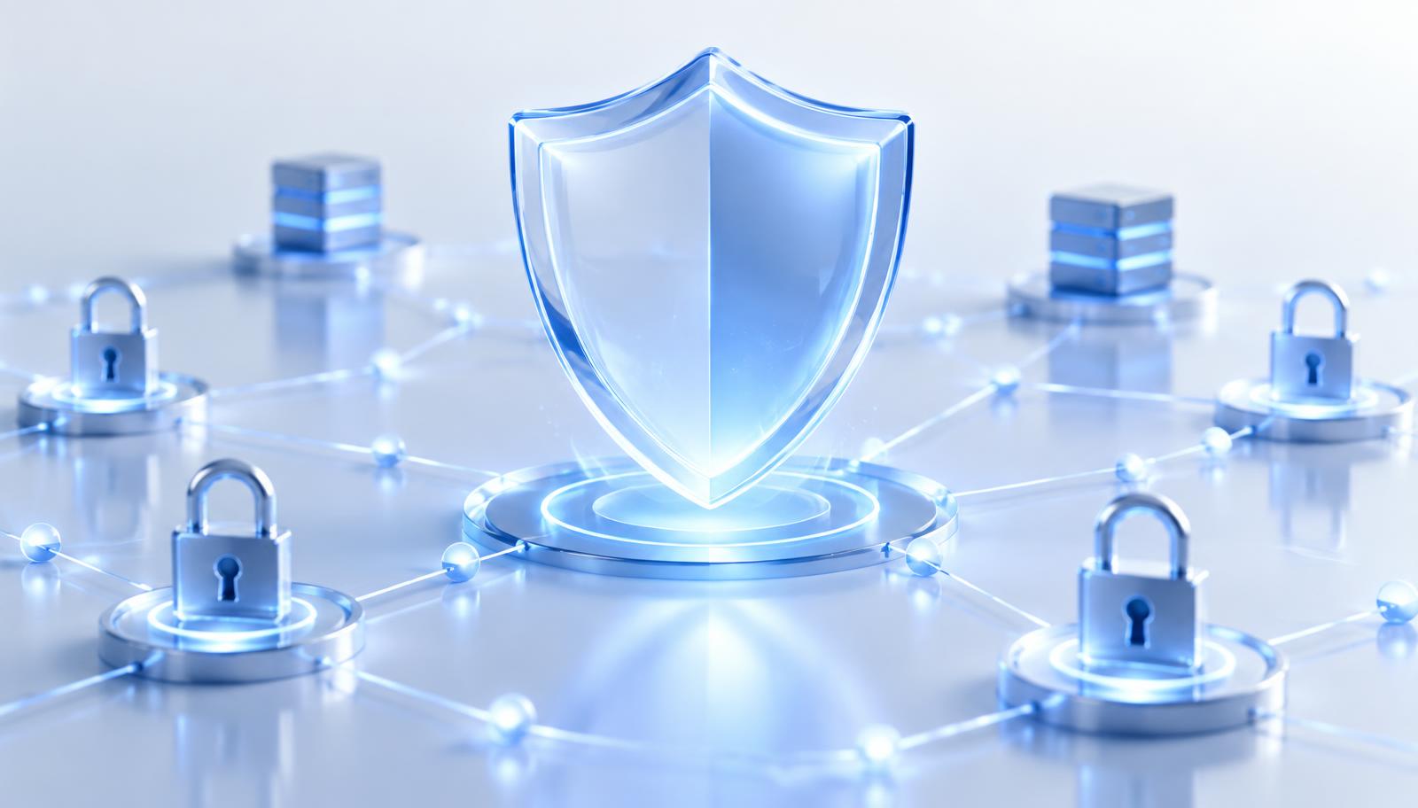 Blaues Schutzschild über einem Netzwerk aus Schlössern als Symbol für Verschlüsselung